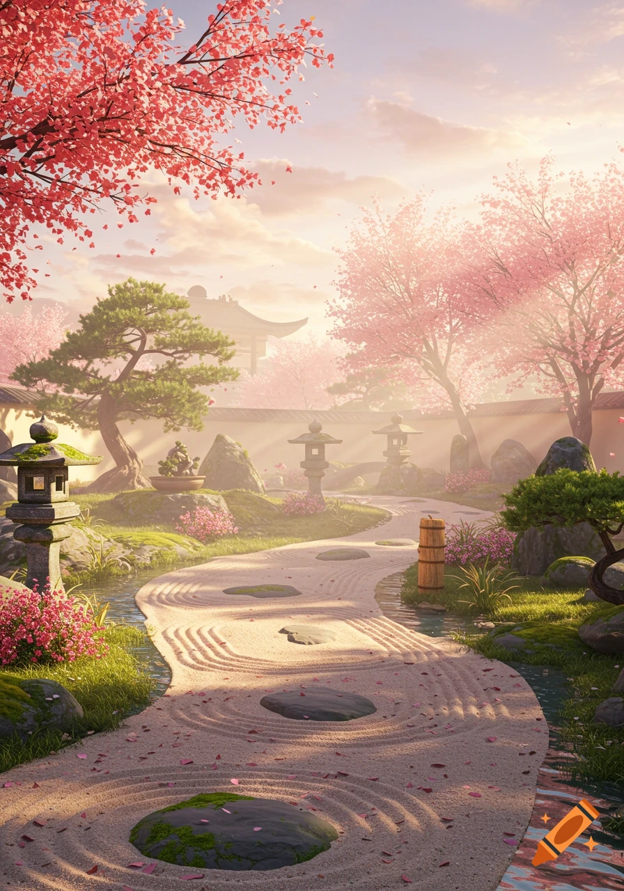 A serene Japanese garden with pink cherry blossoms, raked gravel path, stone lanterns, and distant temple under a golden sky.