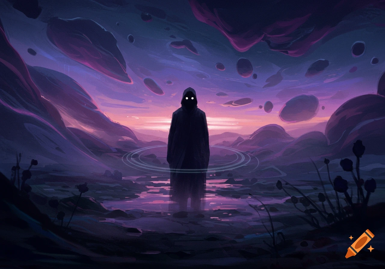 A dark hooded figure with glowing eyes stands in shallow water on an alien planet with floating rocks and a vibrant purple and pink sunset sky, digital art.