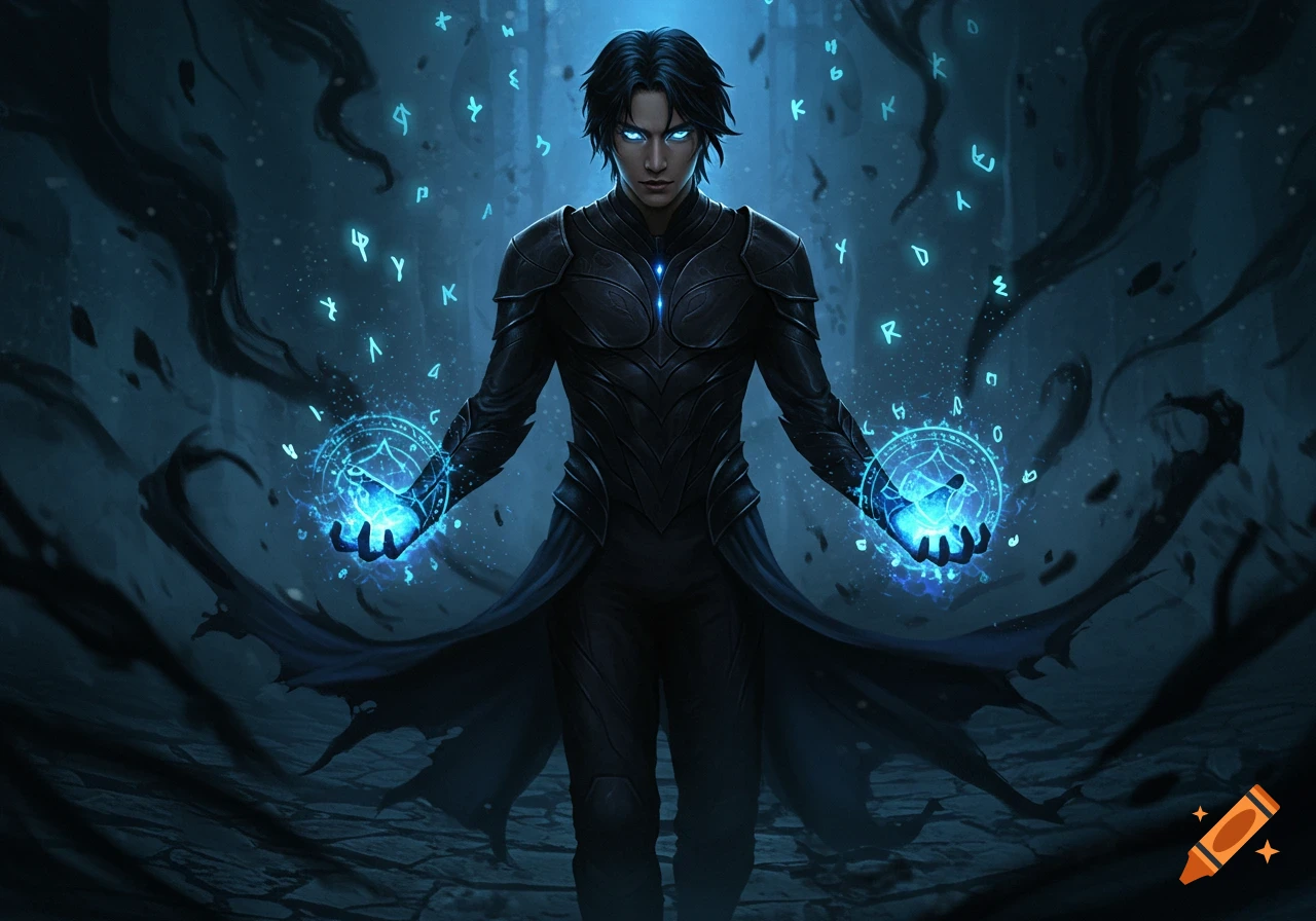 A powerful man with glowing blue eyes and hands, dressed in dark armor, surrounded by magical runes and dark smoke.