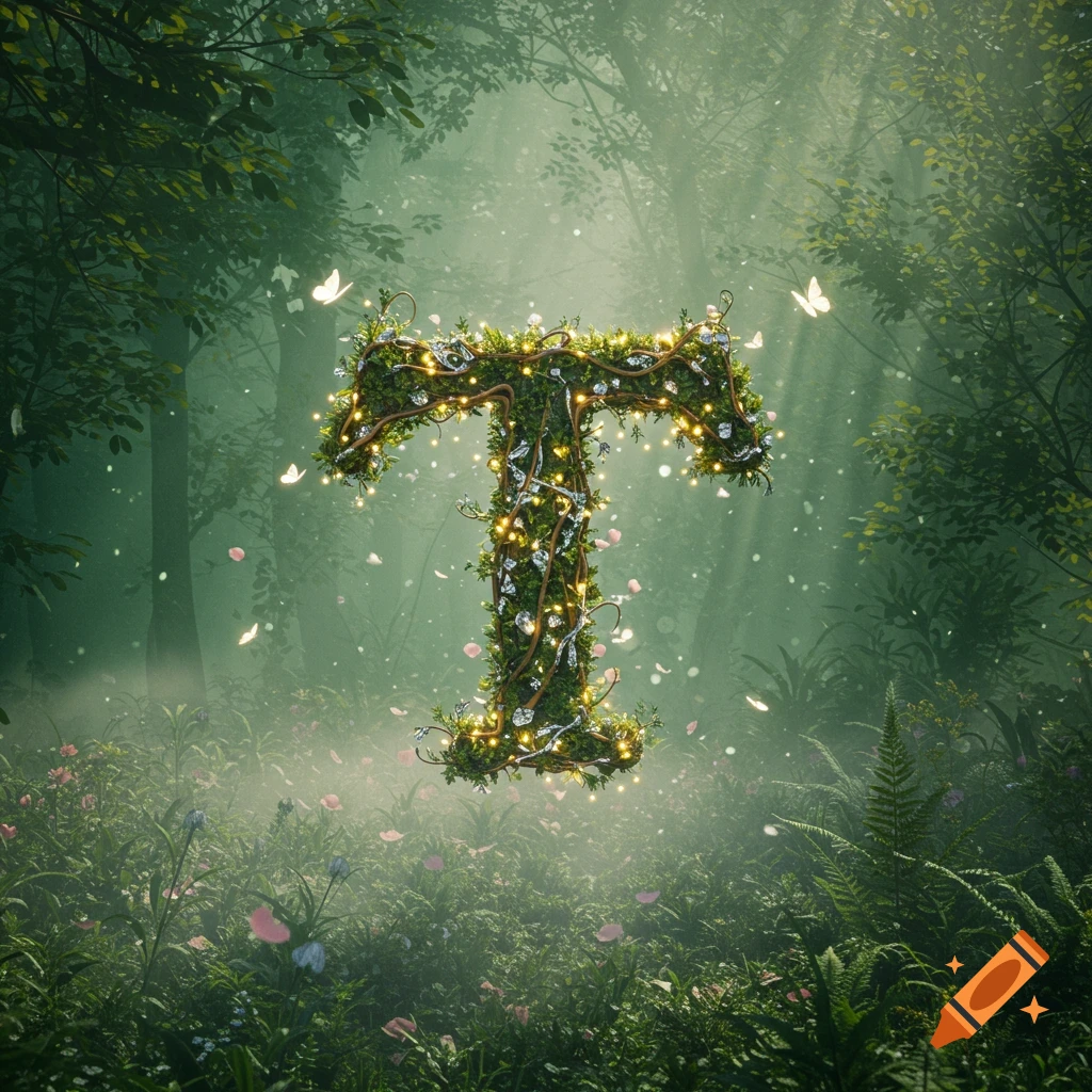 A glowing letter T, made of vines and lights, stands in a misty, enchanted forest with butterflies and fallen petals.