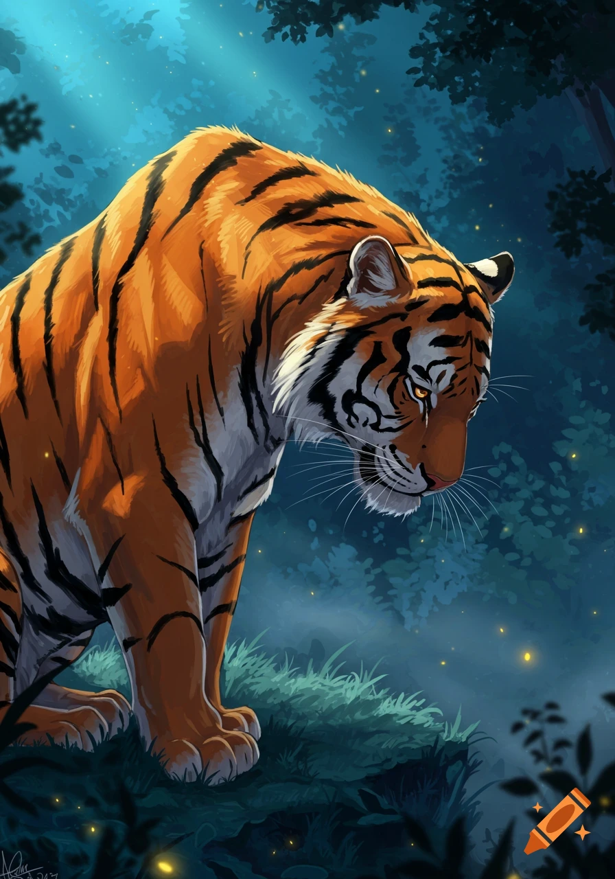 A stylized digital painting of an orange and black striped tiger with glowing eyes, bowing its head in a dark, mystical forest with blue light and fireflies.