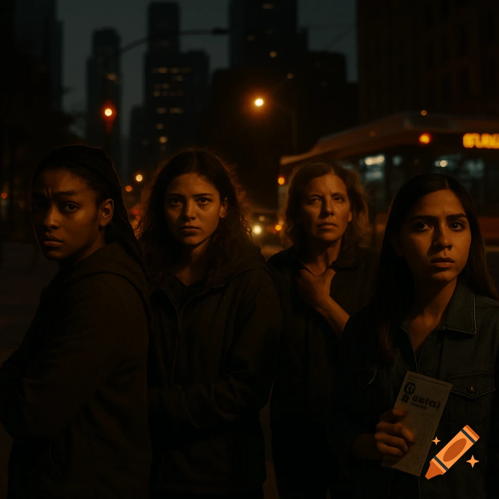Four women with serious expressions stand on a dimly lit city street at night, with buildings and a bus in the background.