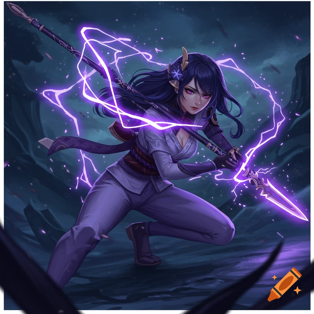 Digital painting of Raiden Shogun from Genshin Impact, crouched with a spear and purple lightning, on a dark background.