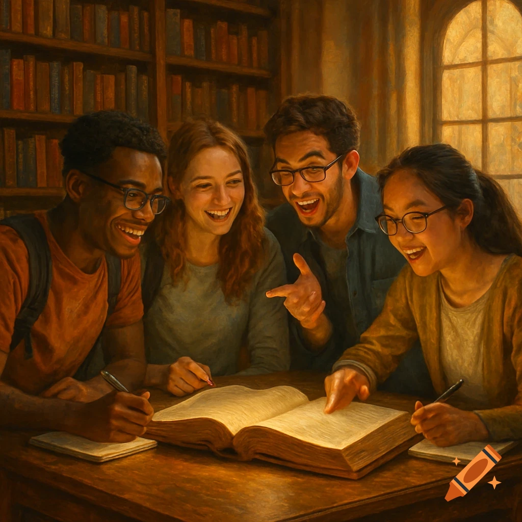 Four diverse college students smiling and studying an open book together in a warm, painterly library.
