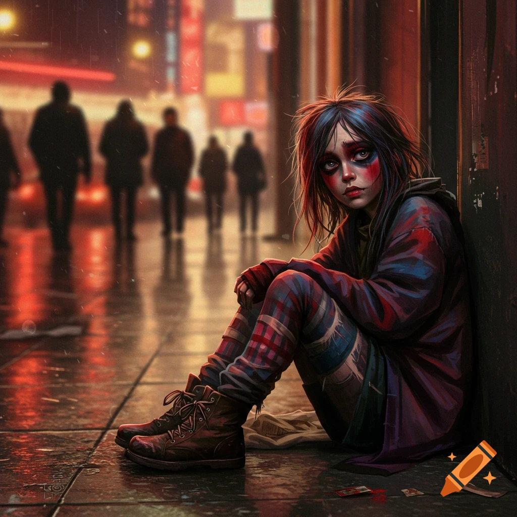 Stylized portrait of a girl with heavy makeup and messy hair, sitting on a wet city sidewalk at night, blurred people in background.
