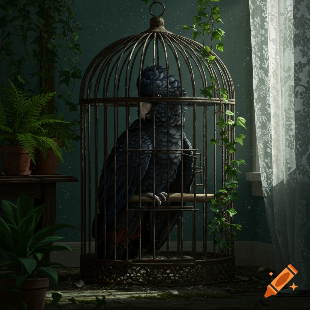 A large black cockatoo in an ornate metal cage, surrounded by green potted plants and ivy, next to a lace-curtained window. Photorealistic.