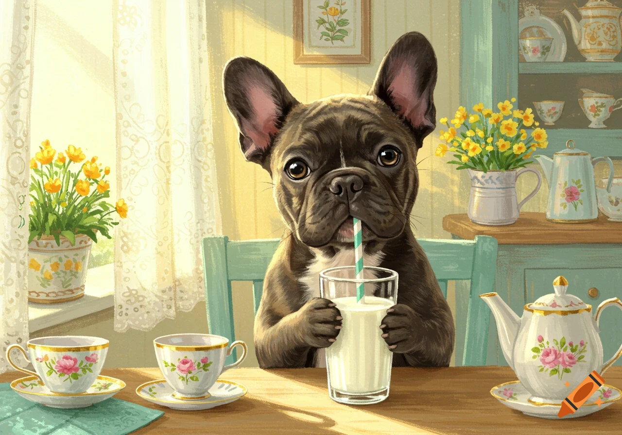 Cute illustrated French bulldog puppy drinks milk with a straw at a table with teacups and flowers.