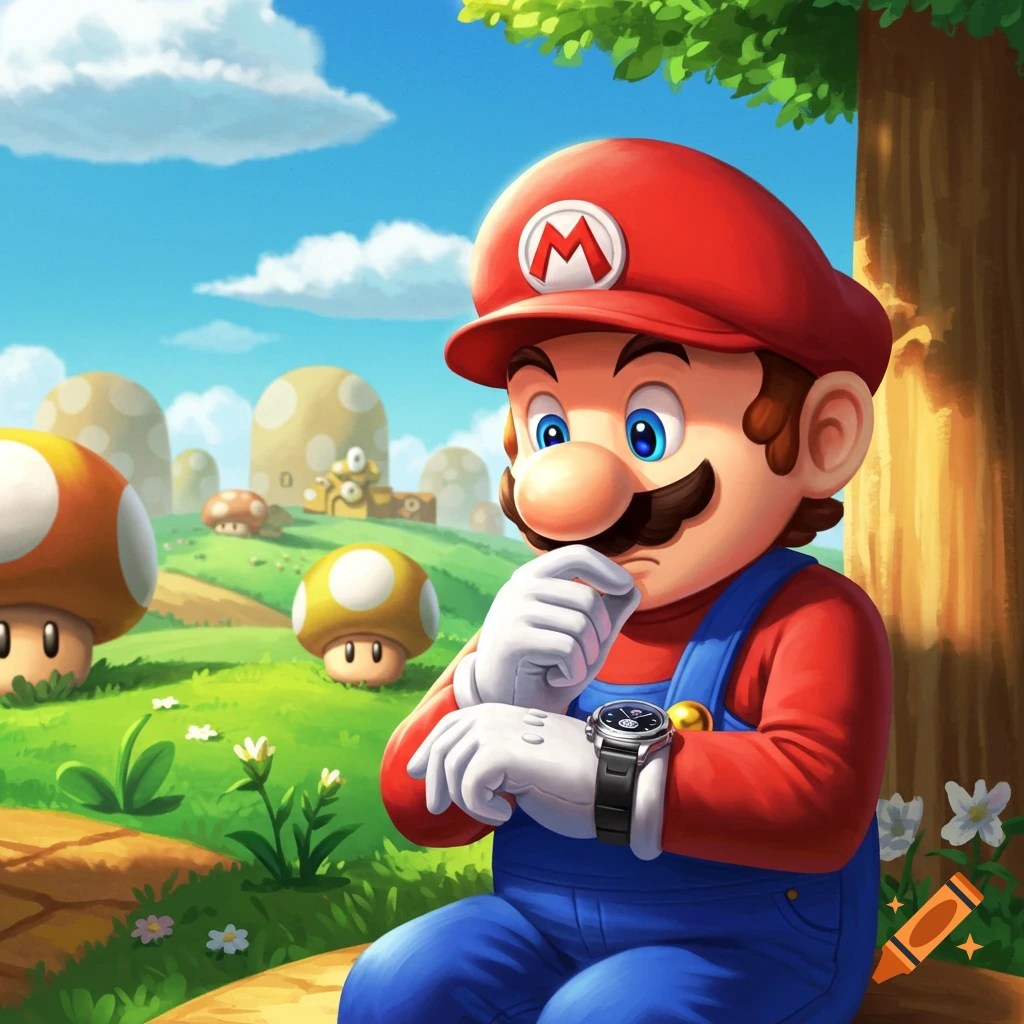 Cartoon Mario sits under a tree in a bright mushroom kingdom, looking thoughtfully at a smartwatch on his wrist.