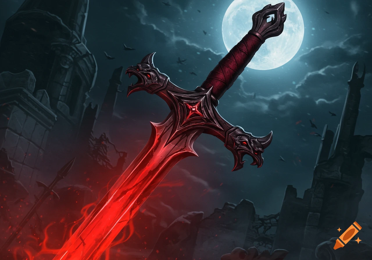 A stylized, ornate blood-red shortsword with dragon-head hilt details, set against a dark, moonlit castle ruins backdrop.