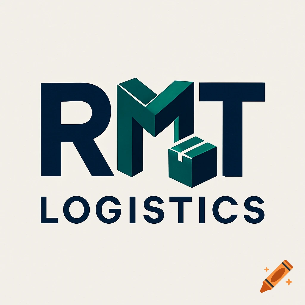 A logo for RMT Logistics with dark blue and teal 3D letters, a box integrated into the T, and 'LOGISTICS' below.