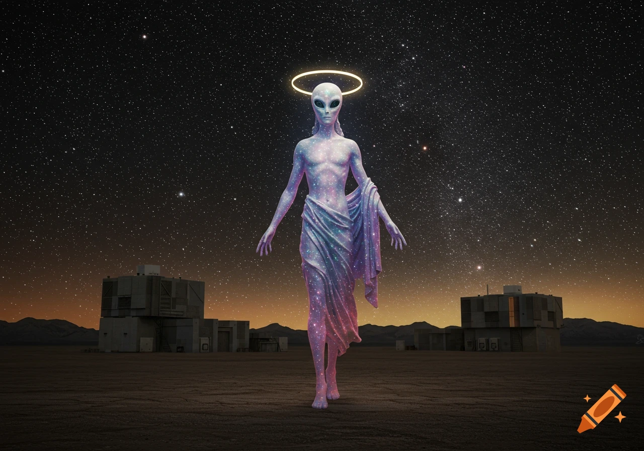 A tall, slender alien figure with a glowing halo and a galaxy-patterned robe stands in a desolate desert with concrete buildings under a starry night sky.