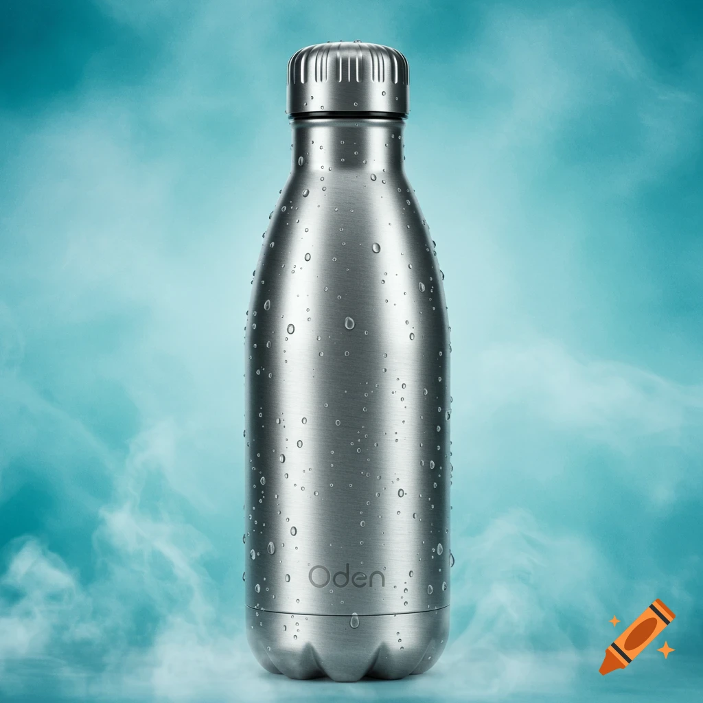 A close-up, photorealistic image of a metallic silver water bottle covered in condensation, standing against a vibrant turquoise background with light mist.