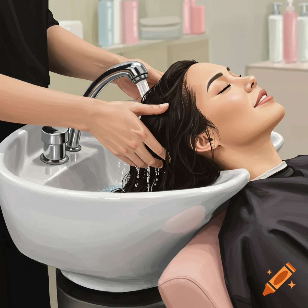 Illustrated scene of a woman having her hair washed by a stylist in a salon shampoo bowl.
