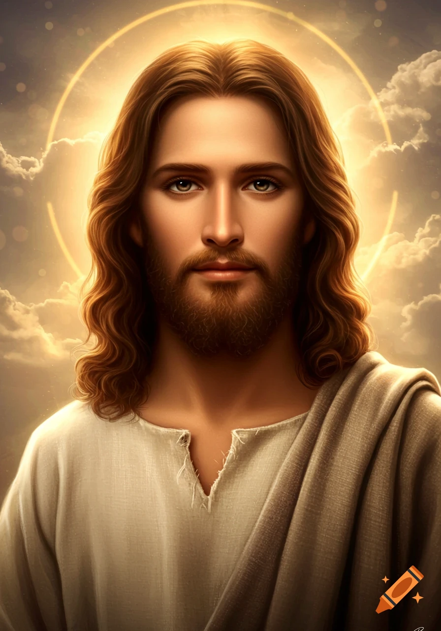 Realistic portrait of Jesus Christ with long brown hair, beard, and a halo, against a cloudy sky.