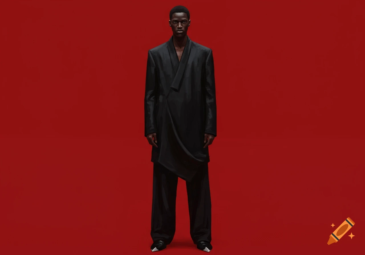 A man in a black, draped coat and wide black pants stands on a vibrant red background, wearing black pointed shoes.