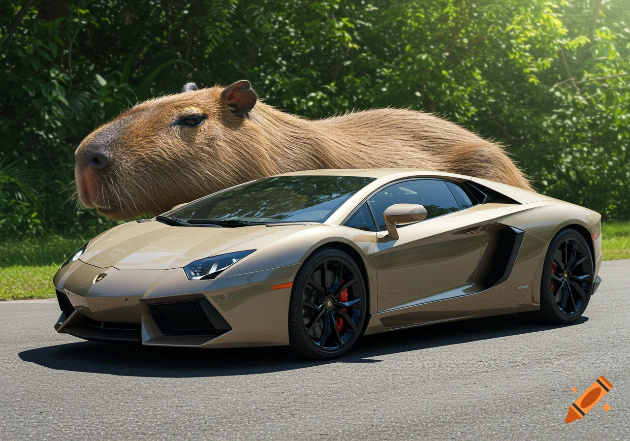 Photorealistic image of a golden Lamborghini Aventador shaped like a giant capybara, parked on asphalt with green trees.