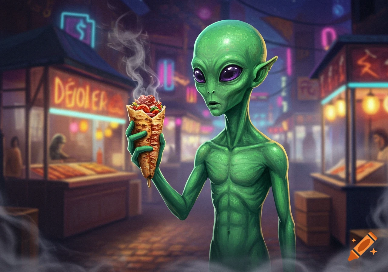 A green alien with large purple eyes holds a steaming döner kebab in a neon-lit futuristic street food market.