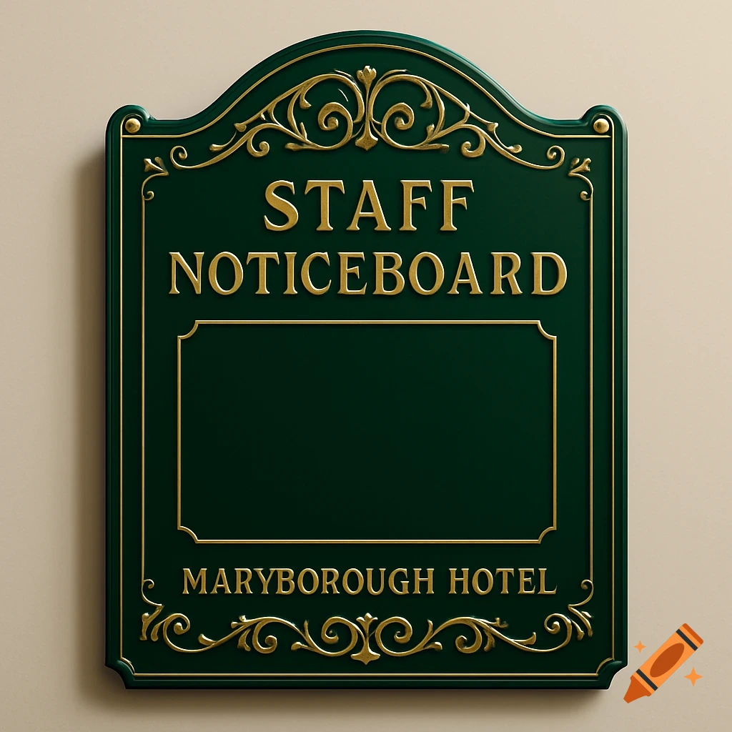 Ornate dark green and gold hotel sign reading 'STAFF NOTICEBOARD' and 'MARYBOROUGH HOTEL'.