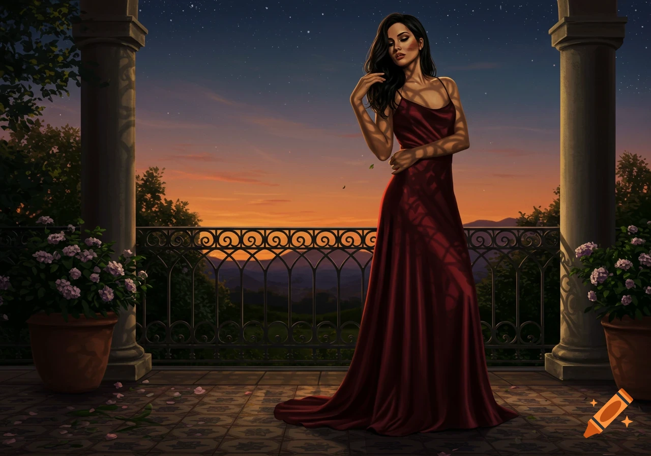 A digitally painted portrait of a woman in a long red dress standing on a balcony overlooking mountains at sunset.
