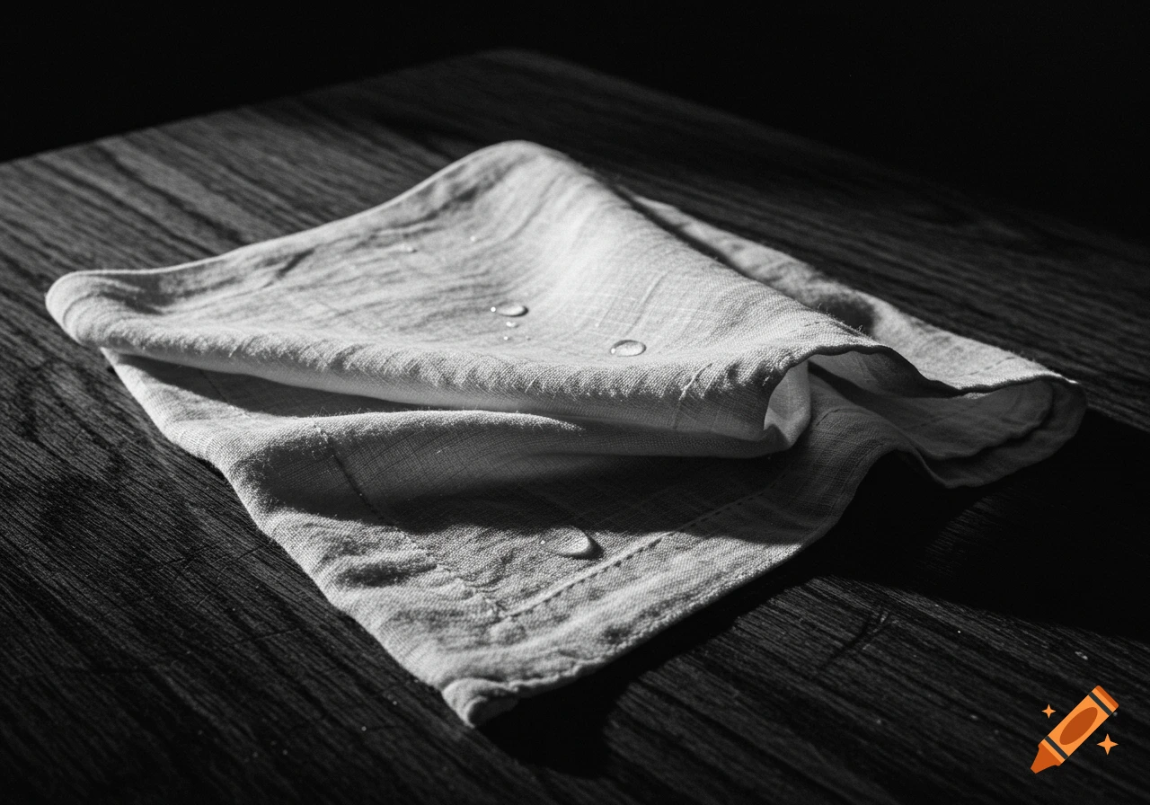 Vintage black and white photo of a crumpled, wet linen handkerchief on a dark wooden surface with water droplets.