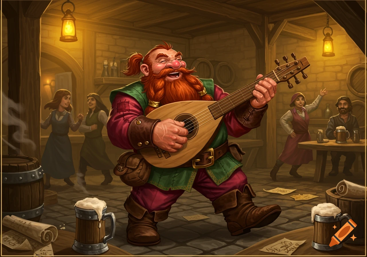 A joyful red-bearded dwarf bard plays a lute in a warm, lively fantasy tavern with cheering patrons.
