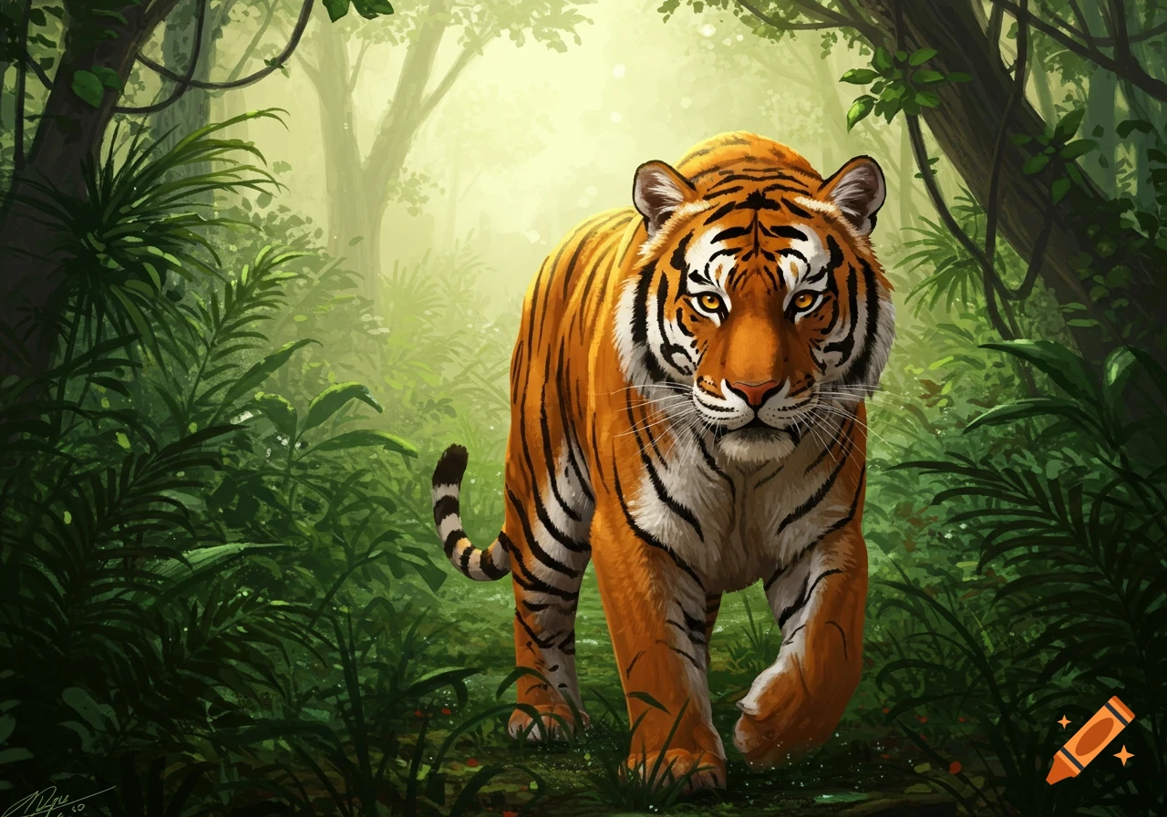 Stylized illustration of a tiger walking through a lush green jungle, looking directly at the viewer.