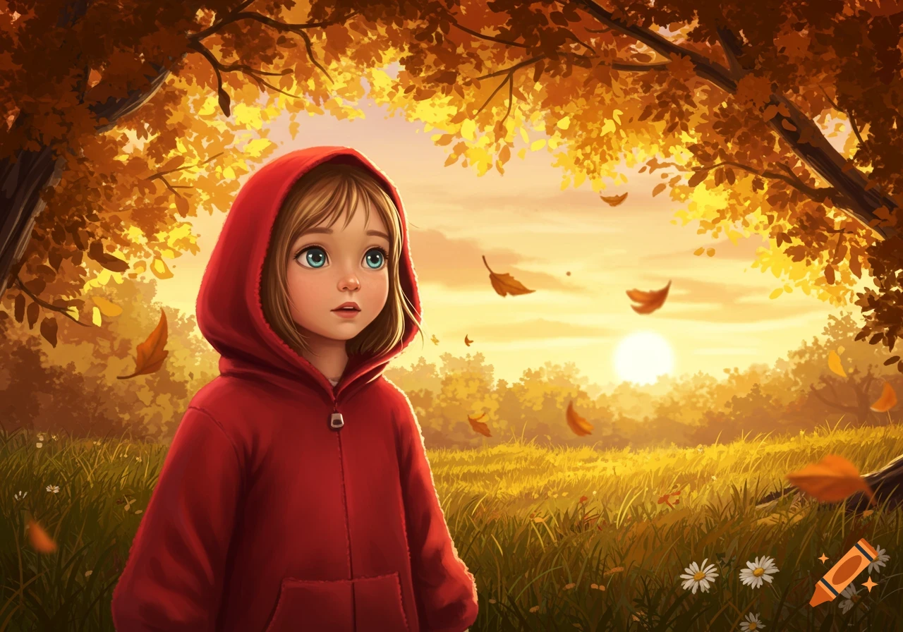 A digital illustration of a young girl in a red hoodie standing in a sunlit autumn forest with falling golden leaves.