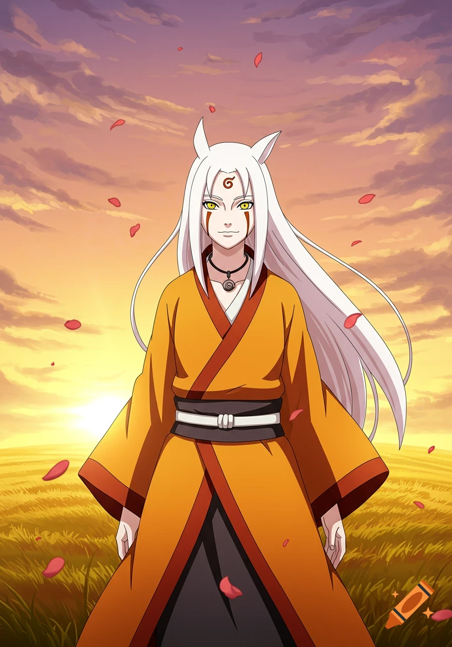 Anime character with white hair, yellow eyes, and fox ears, wearing an orange robe, standing in a field with falling petals at sunset.