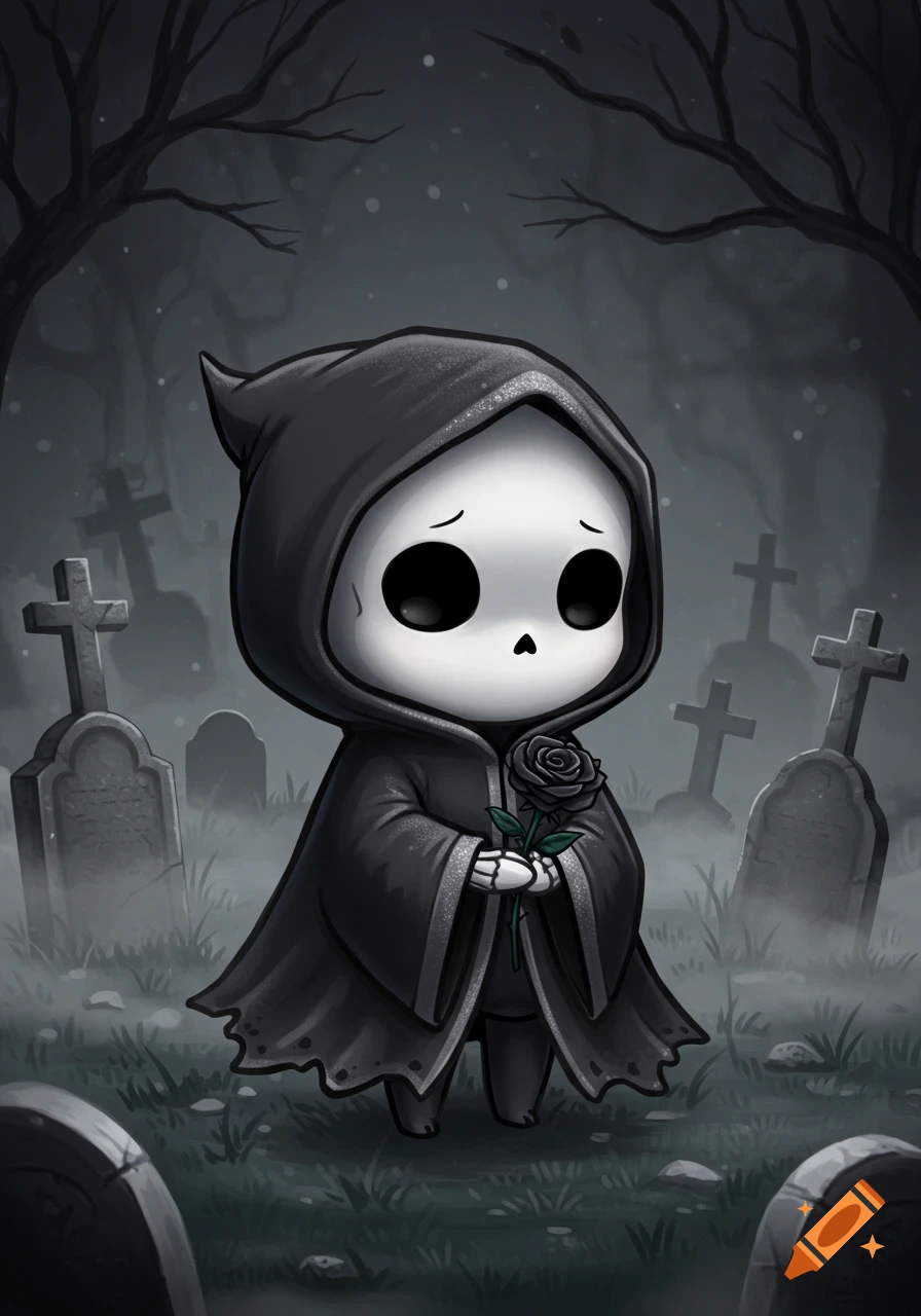 A cute, chibi Grim Reaper in a black cloak stands in a dimly lit graveyard, holding a black rose.