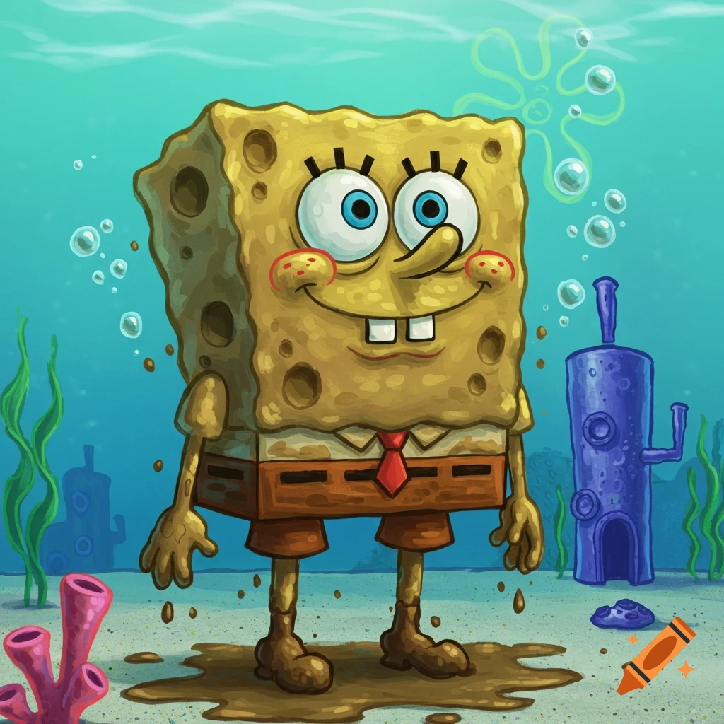 SpongeBob SquarePants, covered in mud, stands smiling on the seafloor amidst seaweed and coral.