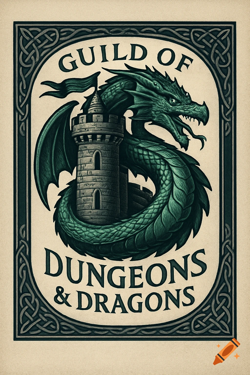 An emblem for 'Guild of Dungeons & Dragons' featuring a green dragon coiled around a castle tower, with Celtic knotwork borders, in a medieval woodcut style.