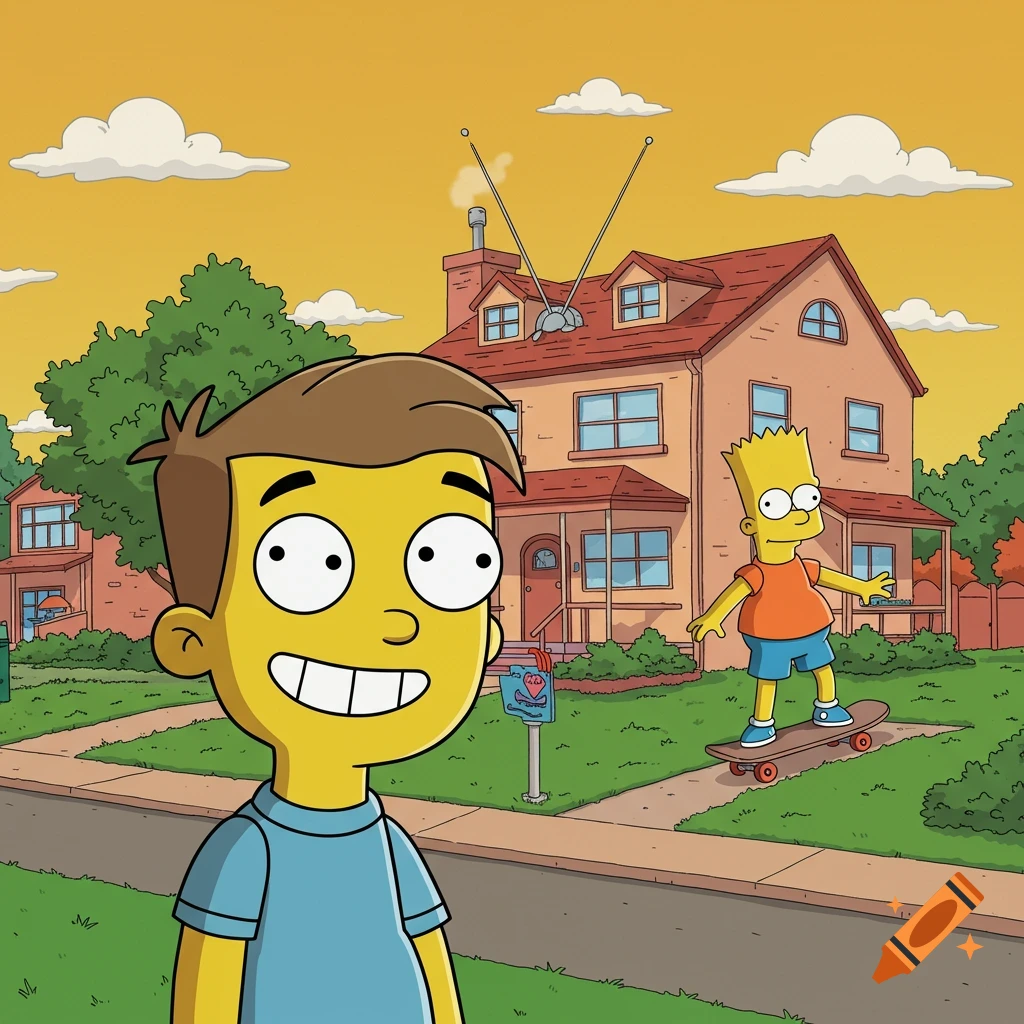 A yellow-skinned cartoon boy smiles in a suburban street, with Bart Simpson skateboarding in the background, drawn in The Simpsons style.