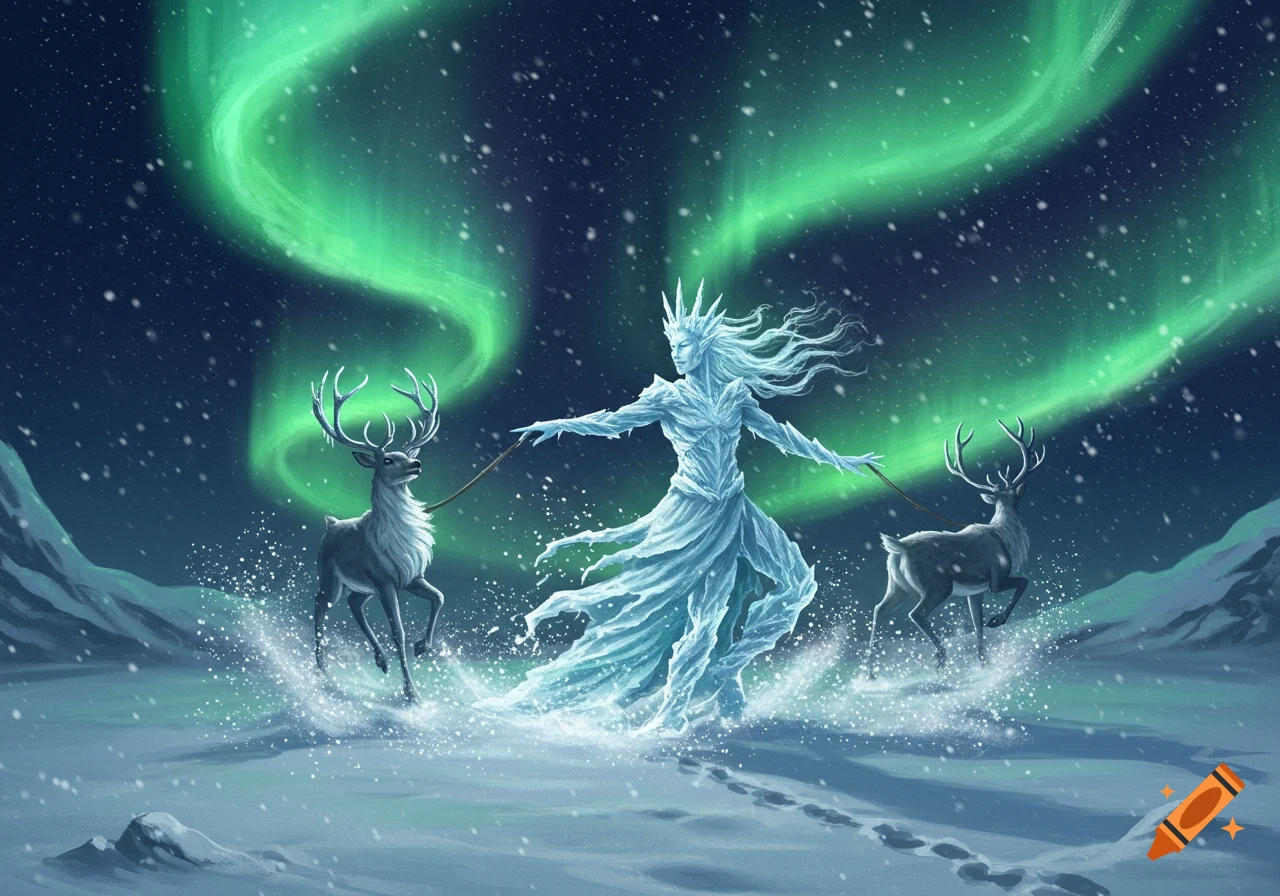 An ethereal ice spirit in a flowing gown leads two reindeer across a snowy landscape under green aurora borealis.