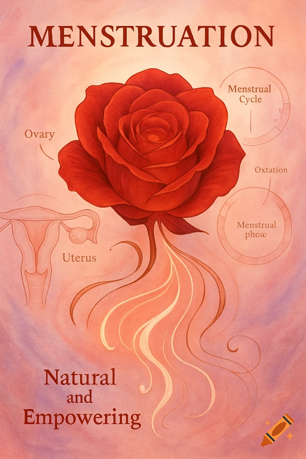 An educational illustration of menstruation featuring a red rose, a diagram of the uterus and ovary, and related text on a watercolor background.
