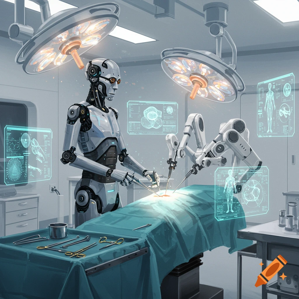 A large humanoid robot and several smaller robotic arms perform surgery on a patient under bright lights in a futuristic operating room, with holographic screens displaying medical data.