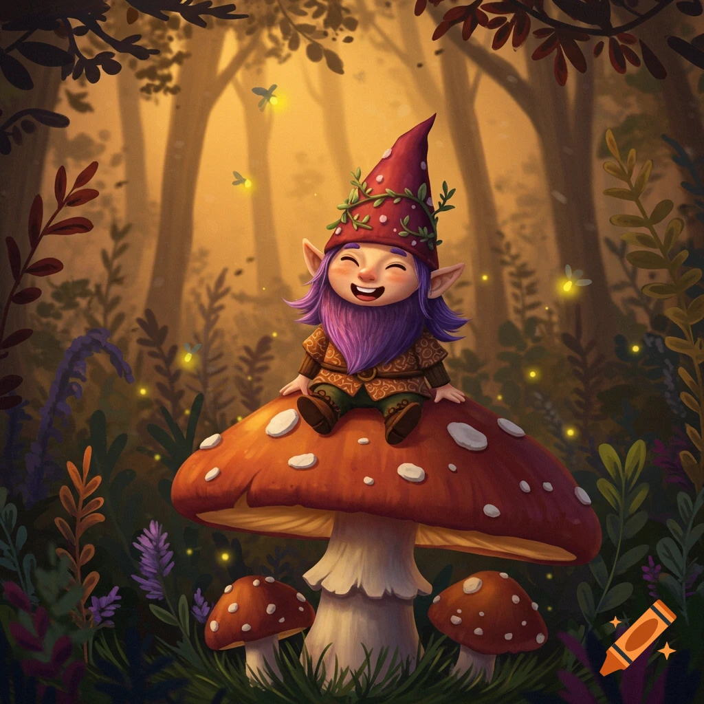 A cheerful gnome with purple hair and a red hat sits smiling on a large toadstool in a magical, glowing forest illustration.