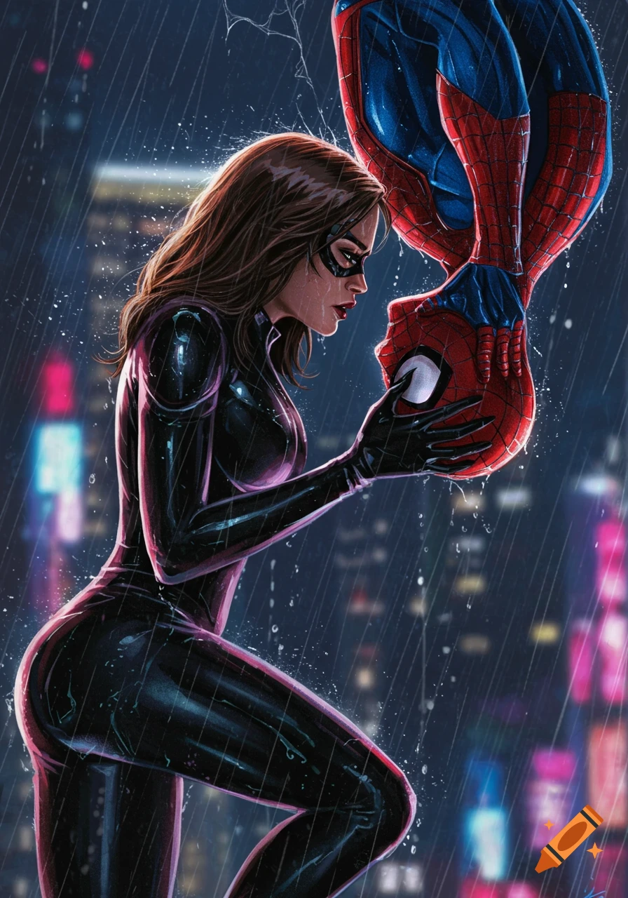 Black Cat in a tight black suit looking at an upside-down Spider-Man in the rain, comic art style.