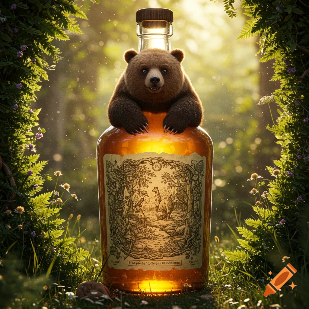 A cute bear cub sits atop a glowing amber bottle with an ornate label, in a sun-dappled forest.