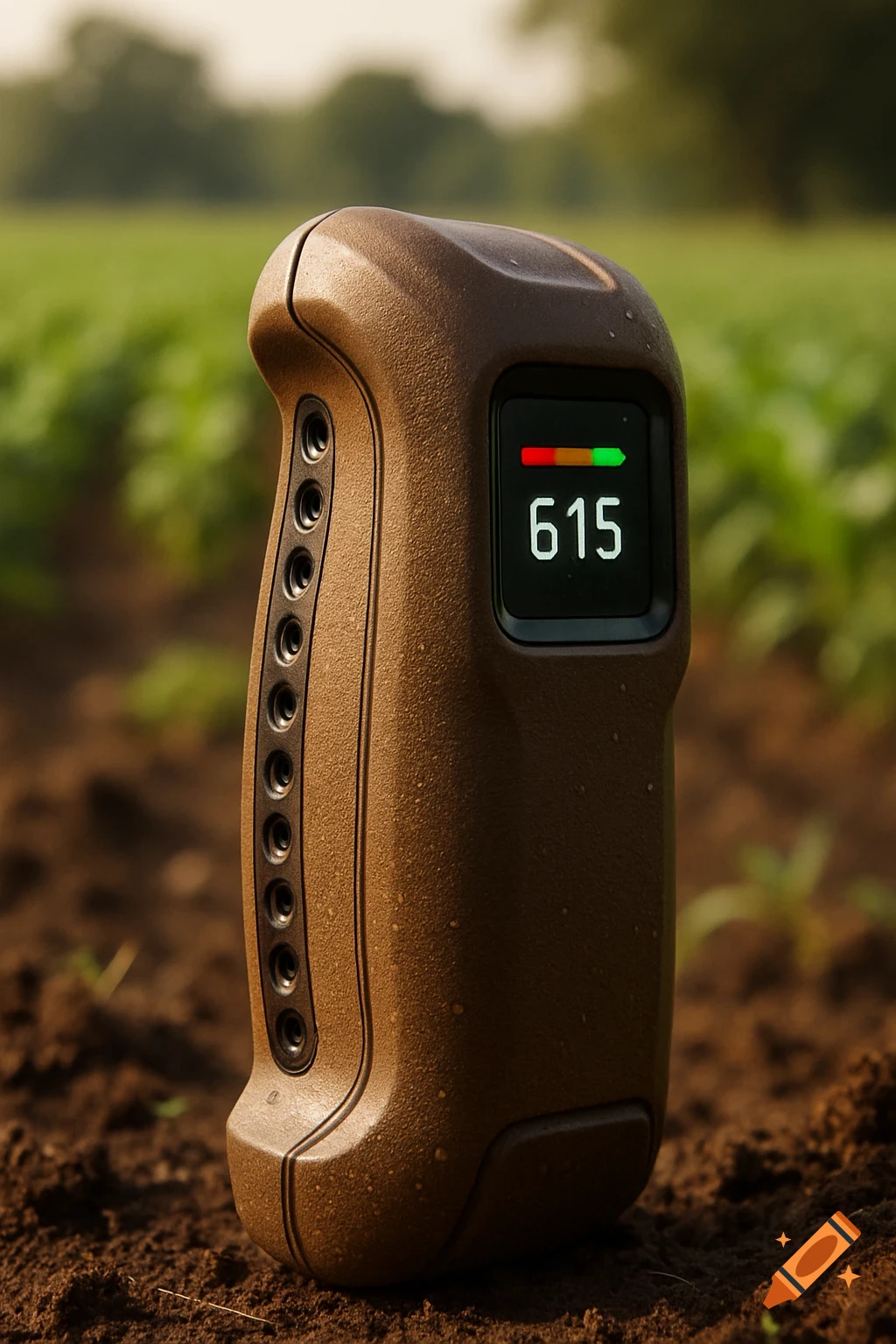 A brown ergonomic portable device with a small LED screen displaying "615" and a colored bar stands in a dirt field.