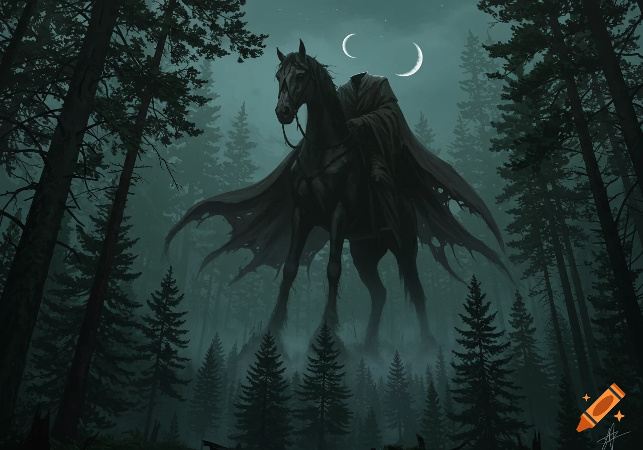 Dark fantasy illustration of a towering headless horseman on a black horse in a spooky, moonlit pine forest.