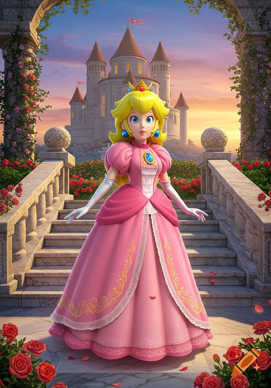 Princess Peach in a pink gown stands on a grand stone staircase with roses and a majestic castle at sunset.