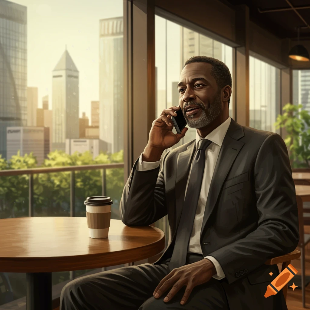 A businessman in a suit talks on a phone at a cafe table with a city view outside.