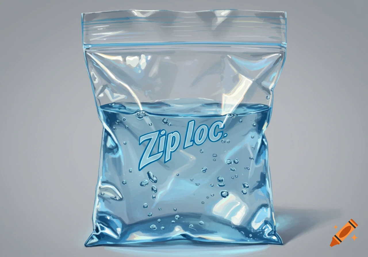 A clear plastic Ziploc-style bag, labeled "Zip Loc.", is filled with blue-tinted water containing air bubbles, against a plain gray background. The image has a painterly style.