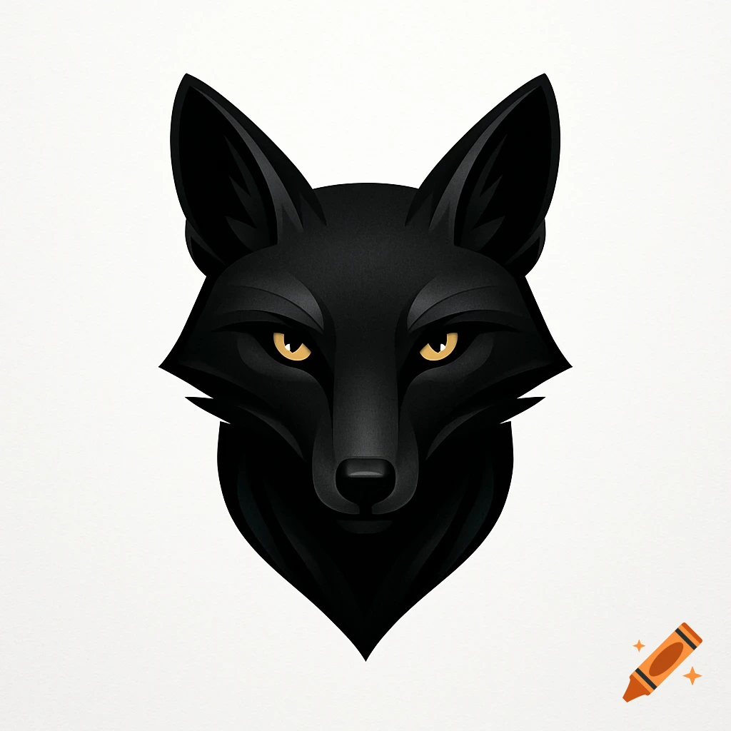 A stylized black fox head logo with bright yellow eyes, facing forward on a white background.