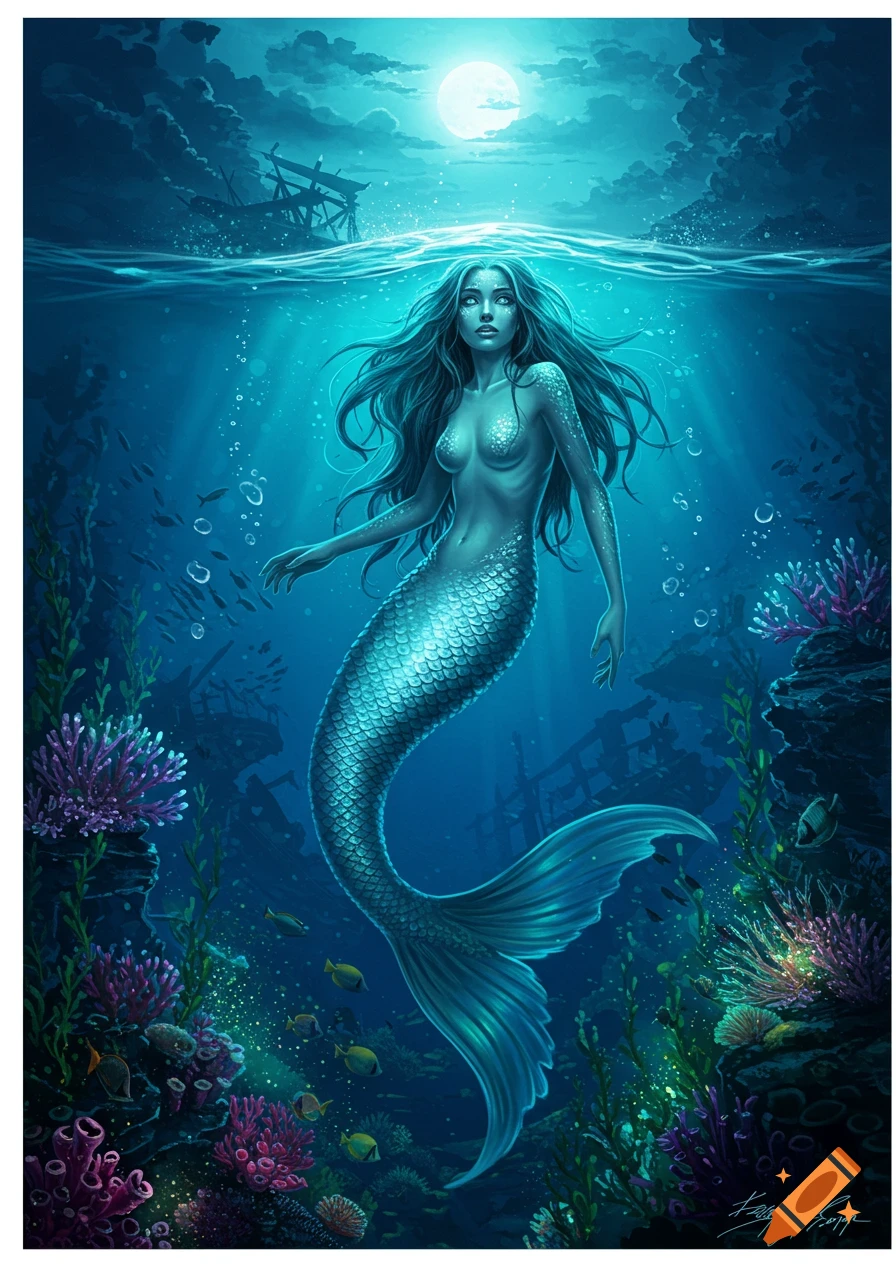 A mermaid with long hair swims in a vibrant blue ocean, surrounded by colorful coral and a sunken ship under a full moon.