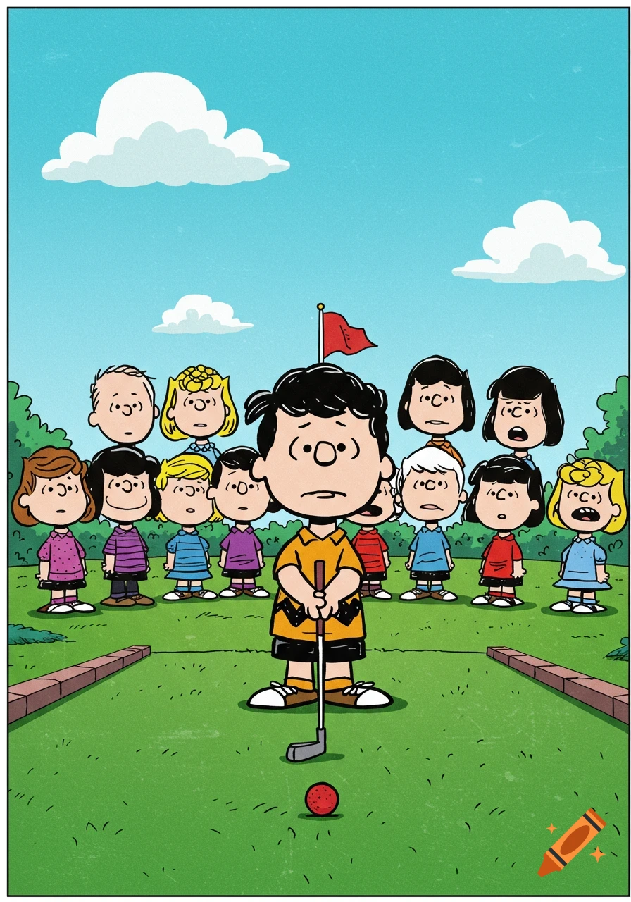 Charlie Brown sadly holds a golf club, ball at his feet, as other Peanuts-style kids watch on a mini-golf course under a blue sky.
