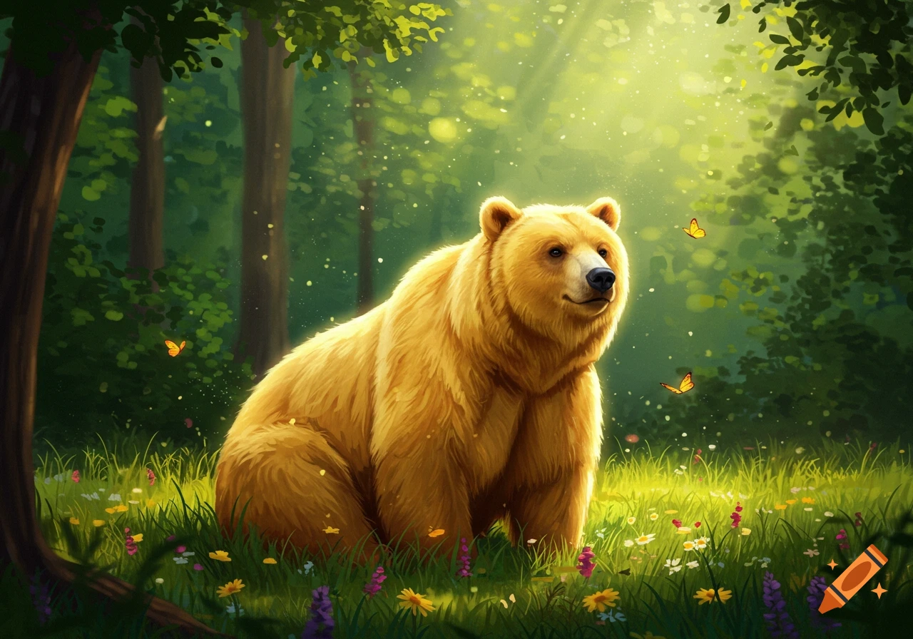 A friendly golden bear sits in a sunny forest clearing with wildflowers and butterflies in a digital art style.