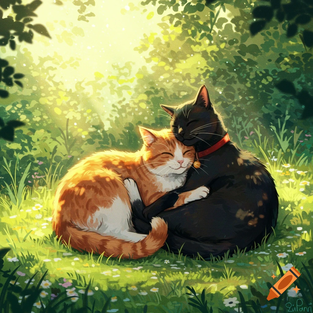 An orange tabby and a black cat cuddle in a sunlit grassy field with small flowers, illustrated.