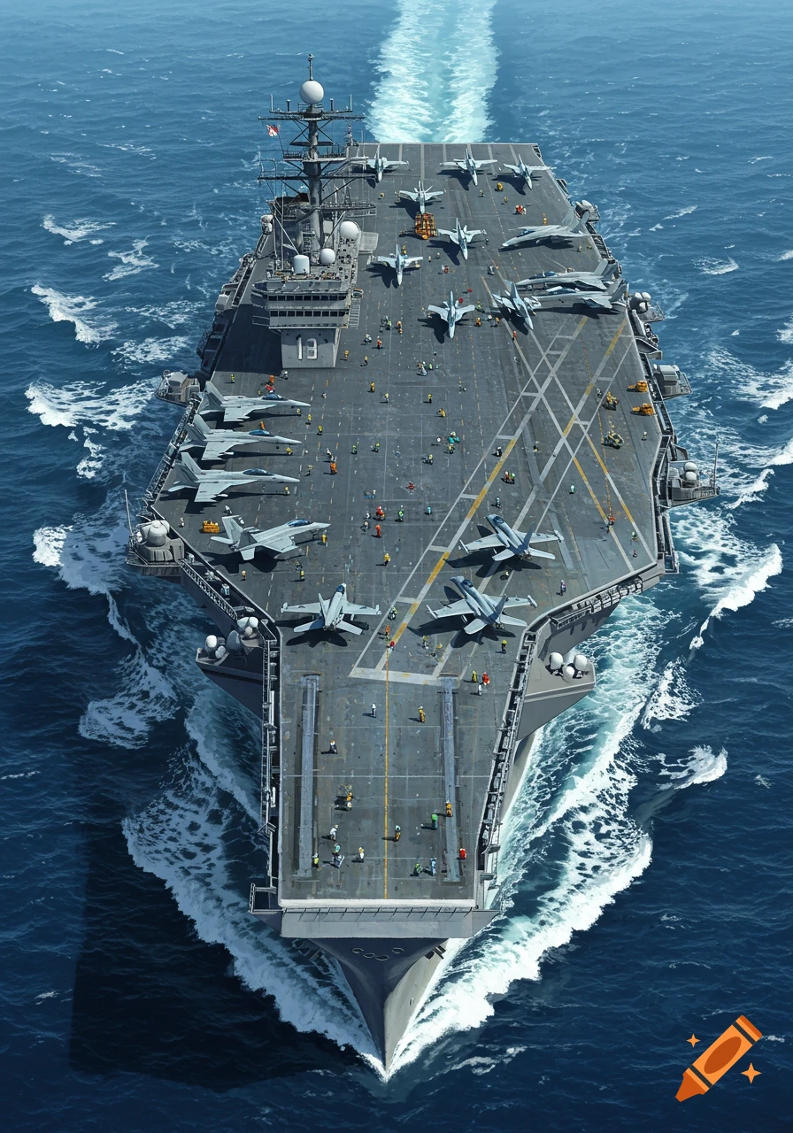 Top-down, photorealistic view of a large aircraft carrier with numerous fighter jets and crew on its deck, moving through a blue ocean.
