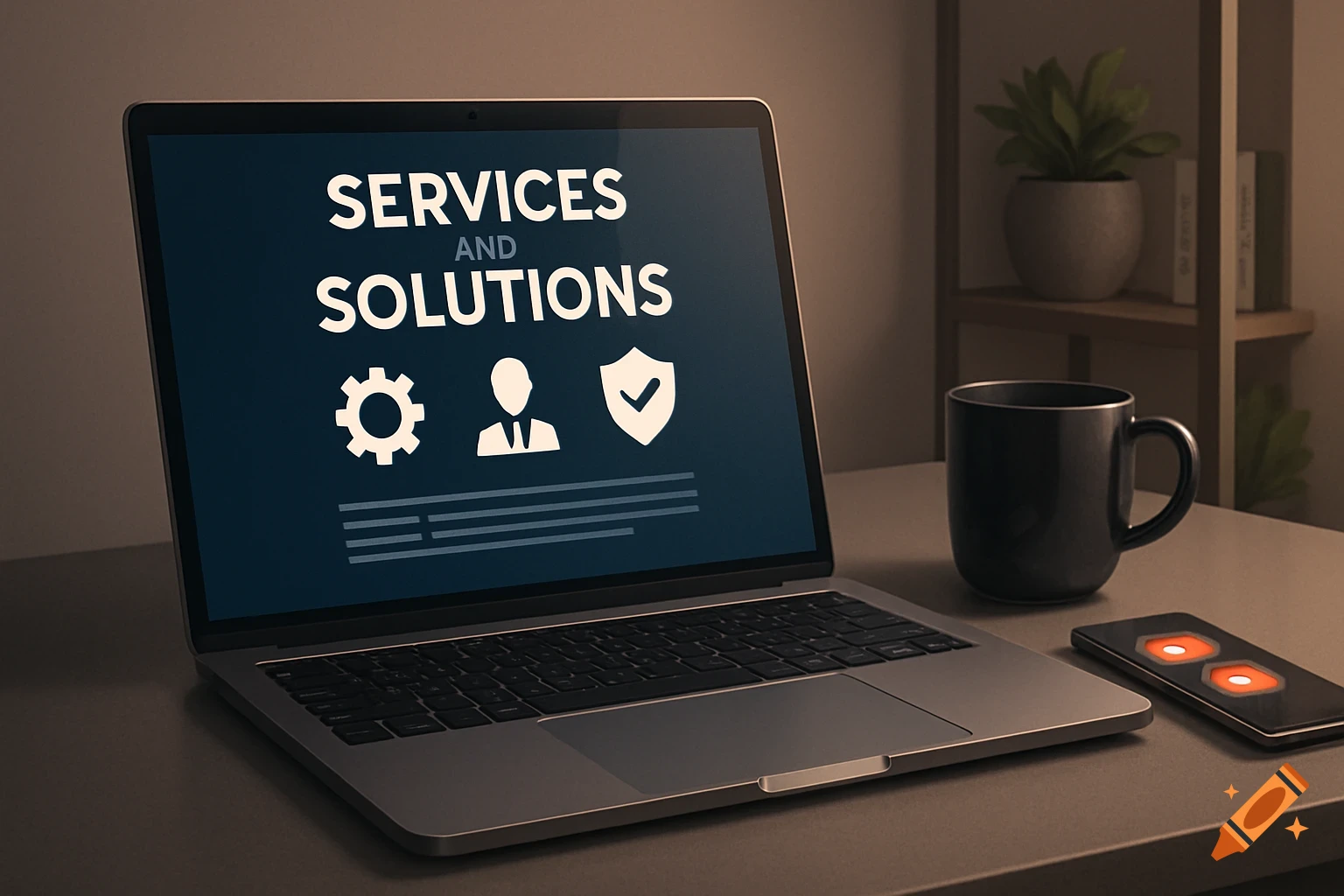 A laptop on a desk displaying 'SERVICES AND SOLUTIONS' and business icons, with a mug and smartphone nearby.